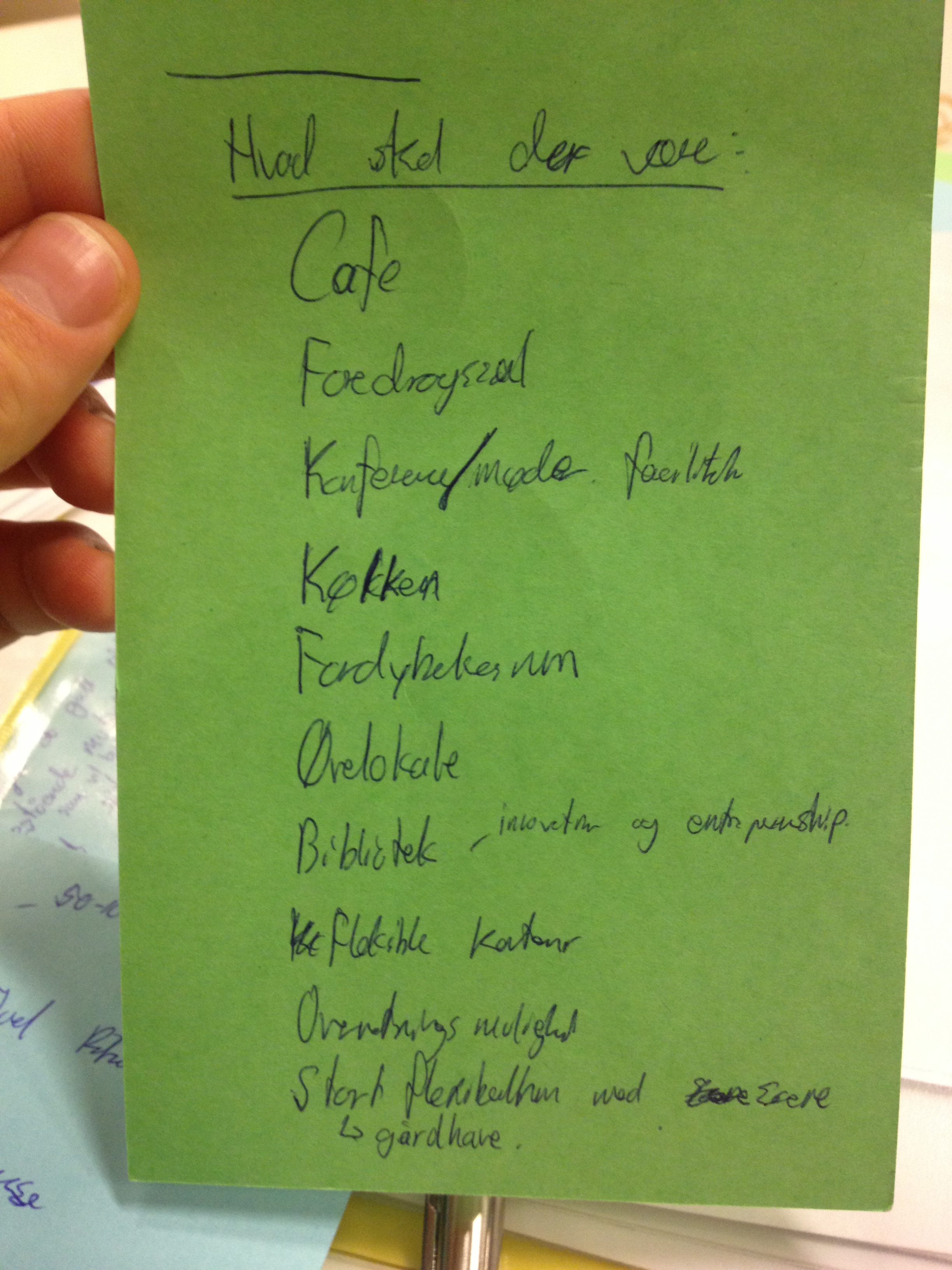 “Hvad skal der være”: café, foredragssal, konference- og mødefaciliteter, køkken, fordybelsesrum, øvelokale, bibliotek om innovation og entrepreneurship, fleksible kontorer, overnatning og et stort flerbrugsrum med scene og gårdhave.