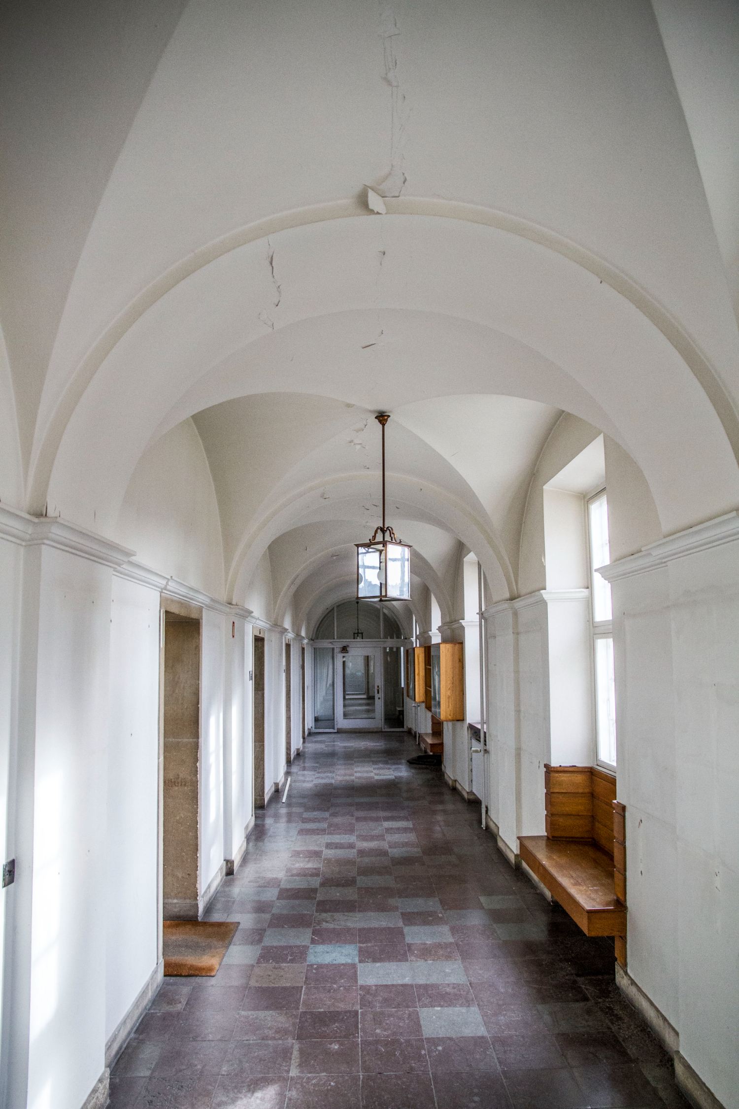 The vaulted corridor with its built-in oak bench